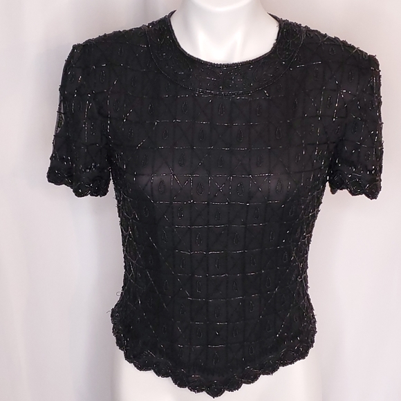 Cote D' Azur Evening Beaded Silk Top sz s Black - Picture 1 of 6